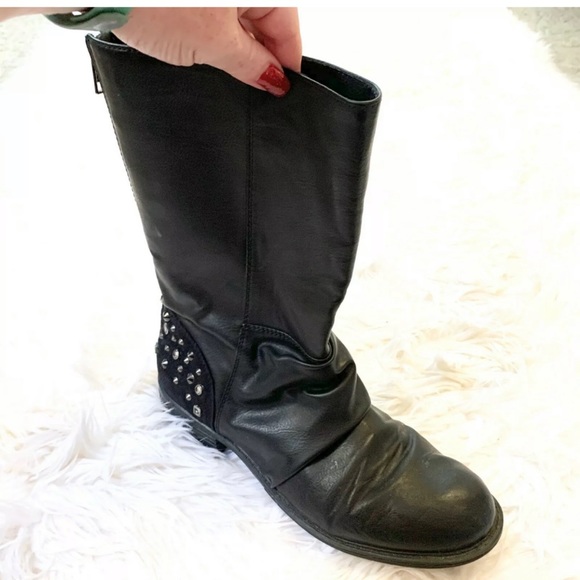 BCBG Paris Amy Black Leather Studded Moto Boots - Picture 5 of 8